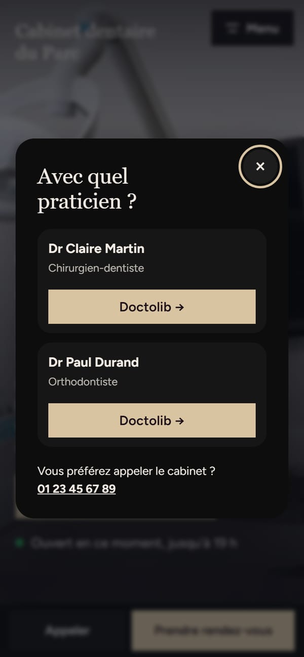 Fenêtre « Avec quel praticien ? » sur un site de démonstration
