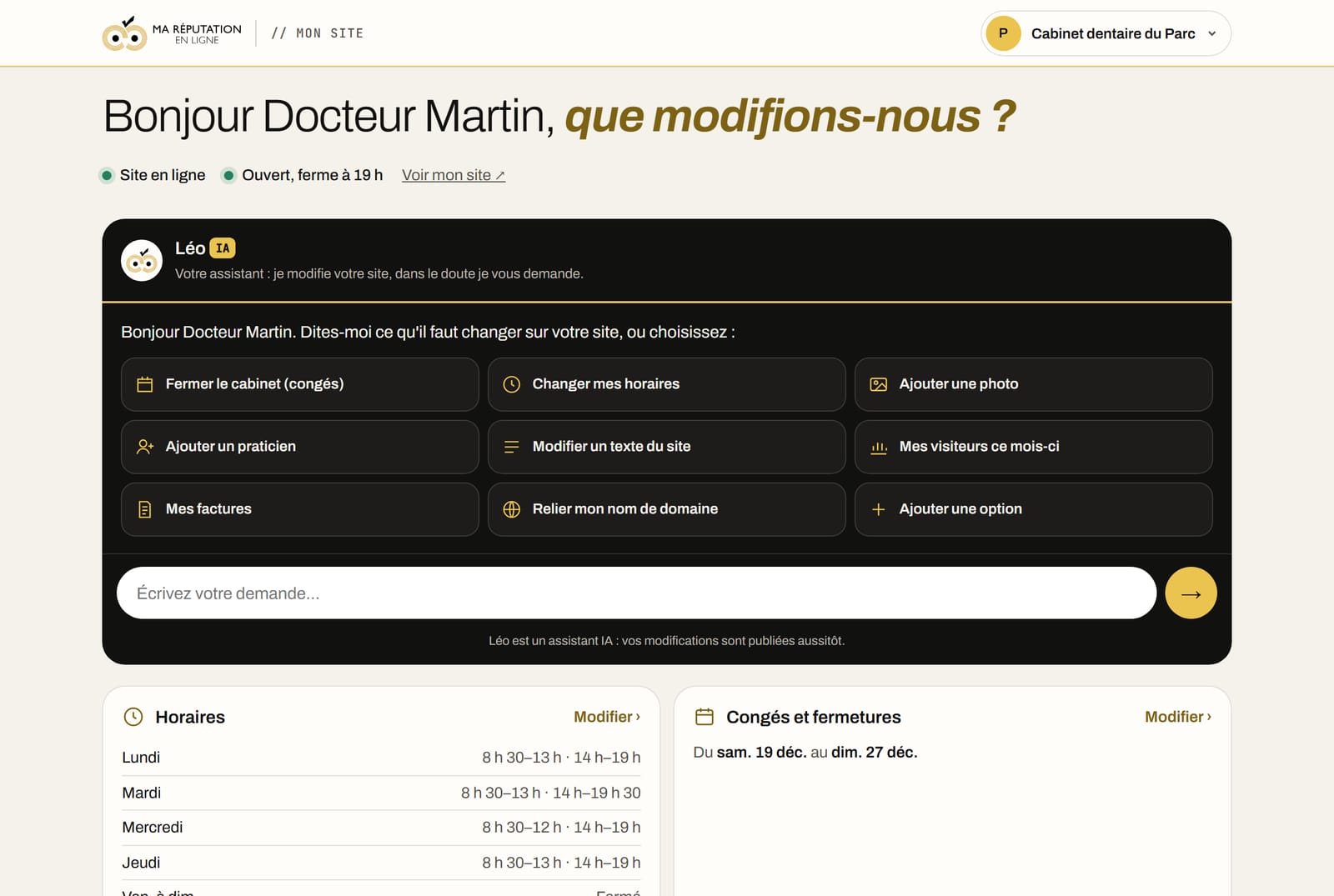 L'espace de gestion Mon site, cabinet de démonstration
